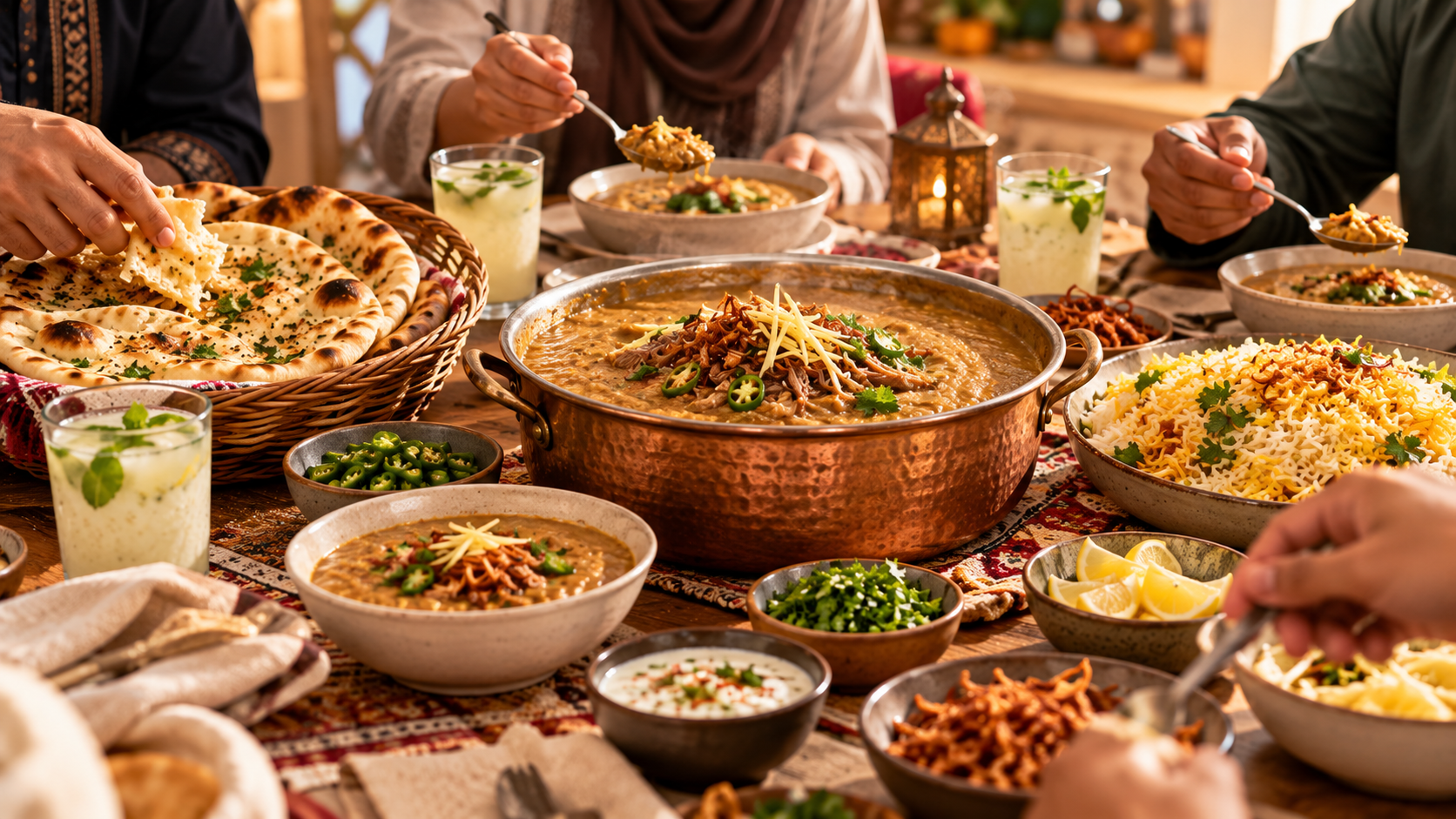 A shared Haleem meal with naan and sides